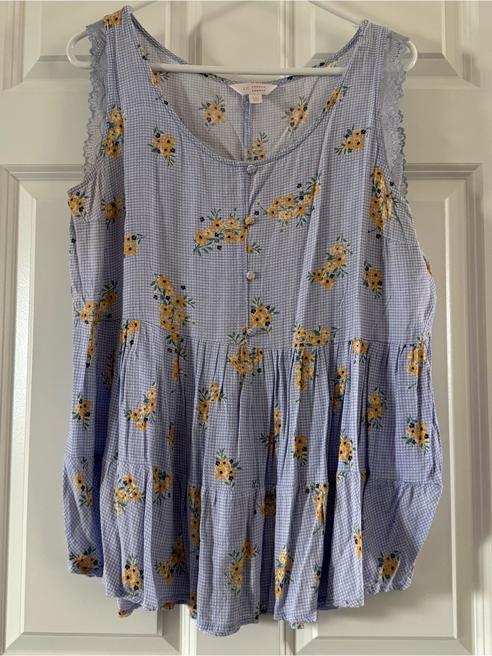 LC Lauren Conrad light blue Gingham Tiered Sleeveless Top with Yellow Floral
